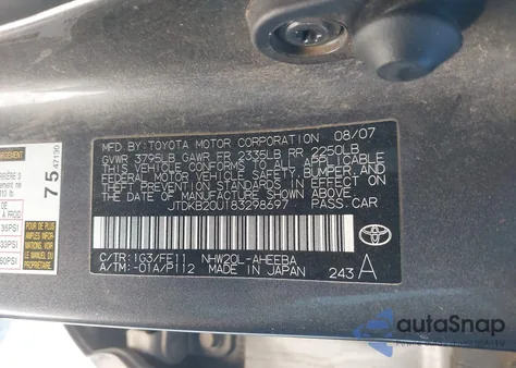 2008 Toyota Prius Standard from USA, damaged, VIN JTDKB20U183298697